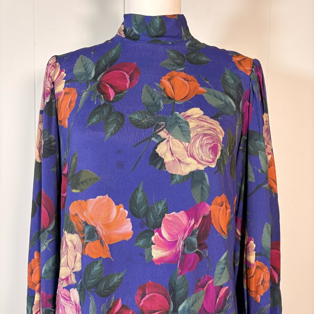 90s Nicole Miller Floral Dress Women’s S Long Sleeve Mock Neck Shift Mod Retro - Picture 5 of 8
